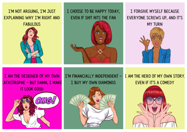 colorful images of women with a funny quote positive affirmation cards